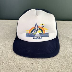 Vintage Trucker Hat Florida Sail Boat Rainbow Blue White One Size Fits All